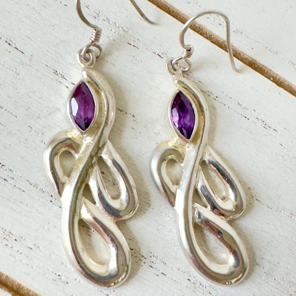 Vintage 925 Sterling Silver Handcrafted Amethyst Drop/ Dangle Earrings - Picture 1 of 6